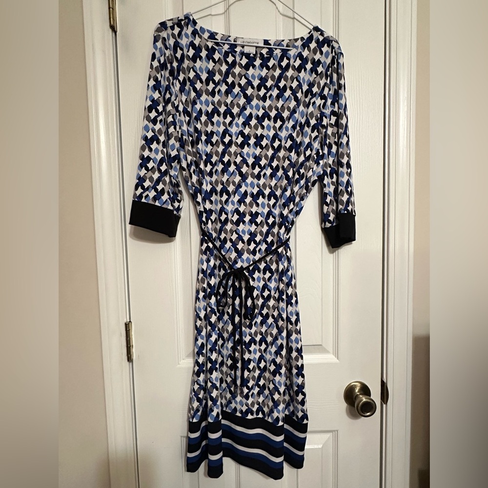 Liz Claiborne Geometric Blue and Black Women's Dress sz Lg ** fits like a Med